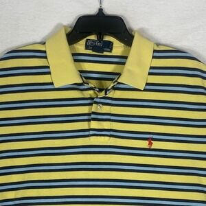 VTG Polo Ralph Lauren Men Yellow Blue Stripe Polo Shirt Large Logo Pony Made USA